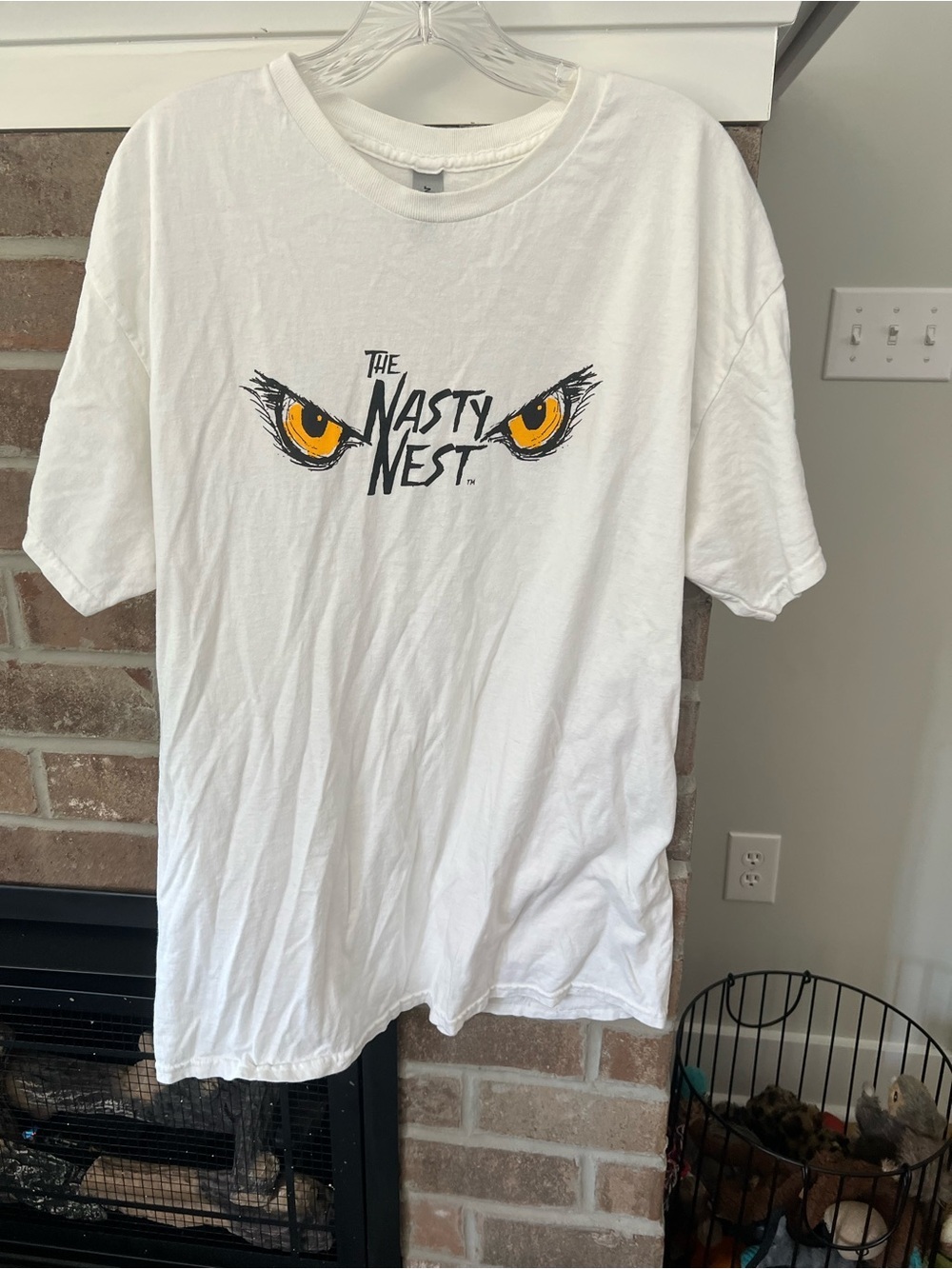 Gildan White Graphic Tee with Black Text and Yellow Accent